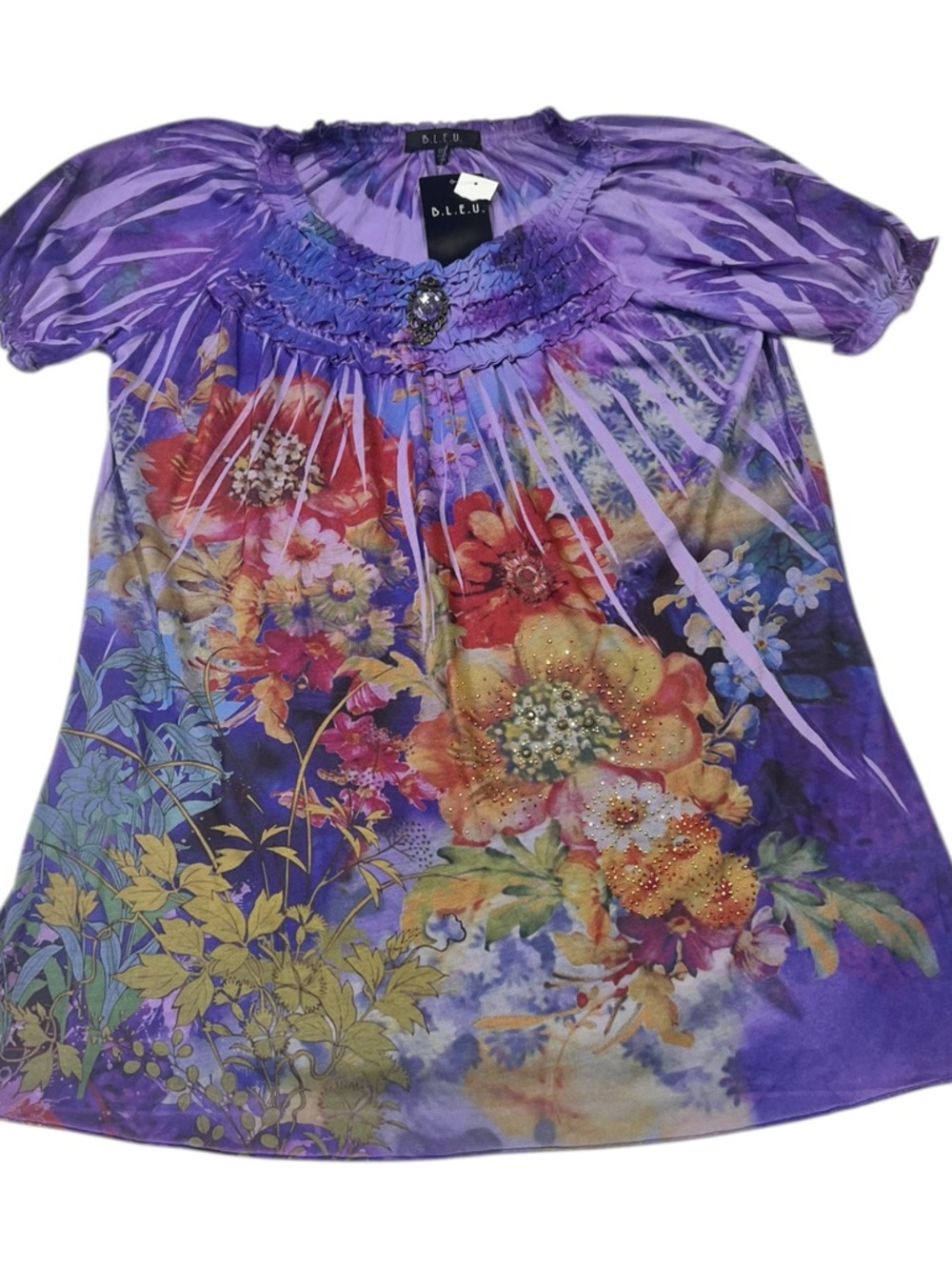BLEU Purple Floral Blouse Women Medium Embellished Rhinestone Boho Top New NOS